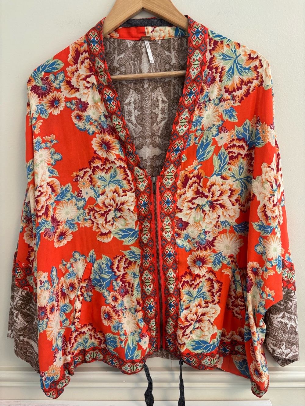 Free People Bright Orange Floral zip-Front Kimono